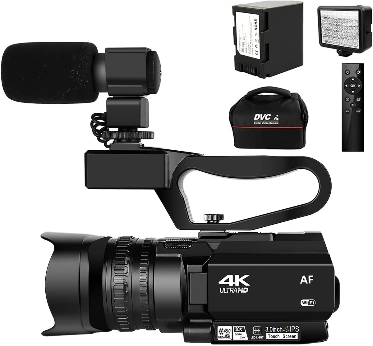 4K HD 48MP 60FPS 30X Digital Zoom Video Camera with LED Fill Light Camcorder 4500mAh Battery, Remote Control, Handheld, Microphone and 64G SD Card U764