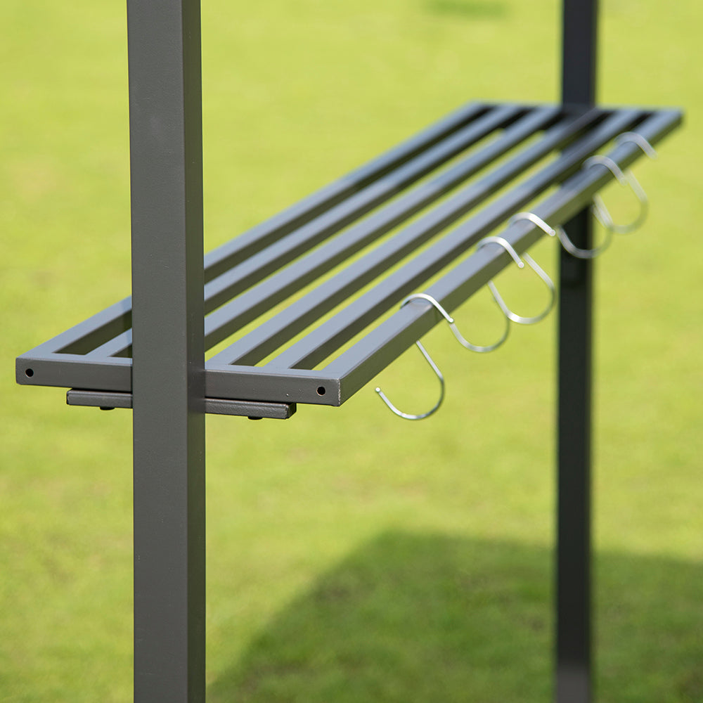 7FT Grill Gazebo BBQ Canopy with Sun Shade Panel Side Awning, 2 Exterior Serving Shelves Bar Counters, 10 Hooks S93403