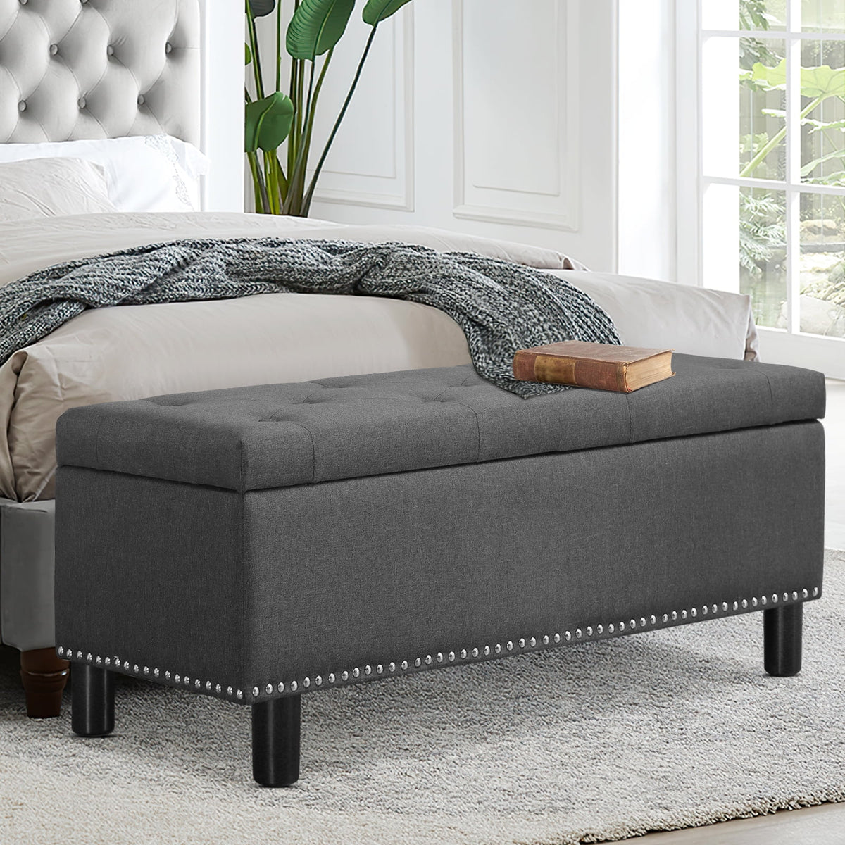 Dark Grey Upholstered Storage Ottoman Bench N37663