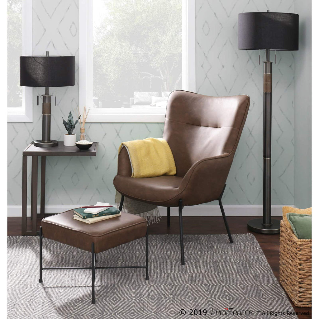 Industrial Lounge Chair and Ottoman Set in Black Metal and Espresso Faux Leather J557571