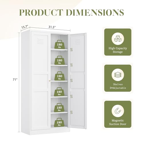 White 5 Tier Metal Storage Cabinet with 2 Doors and 4 Adjustable Shelves X992150