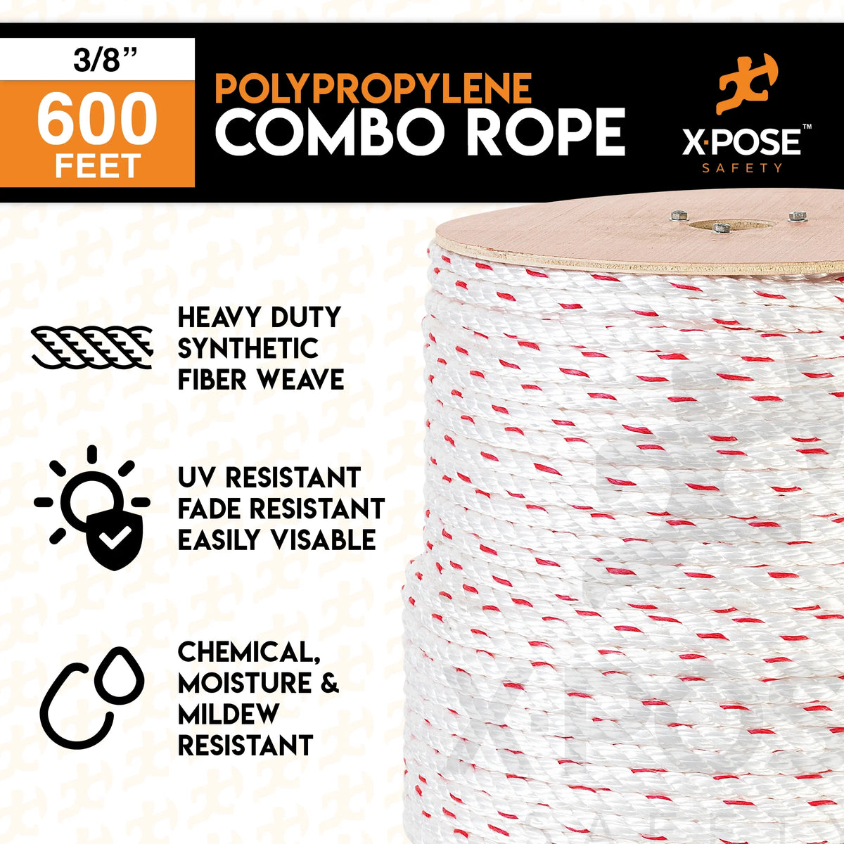 3 Strand Safety Rope 3/8 In. x 600 Ft. UV Coated Polypropylene Rope M21959