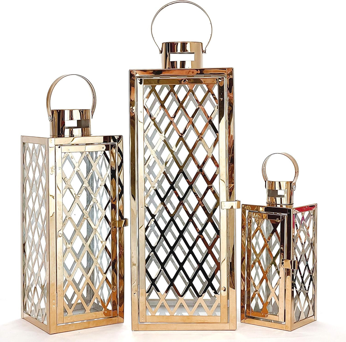 3-PC Set Jumbo Black Candle Lantern Set with Chrome Plated Structure and Tempered Glass J470960