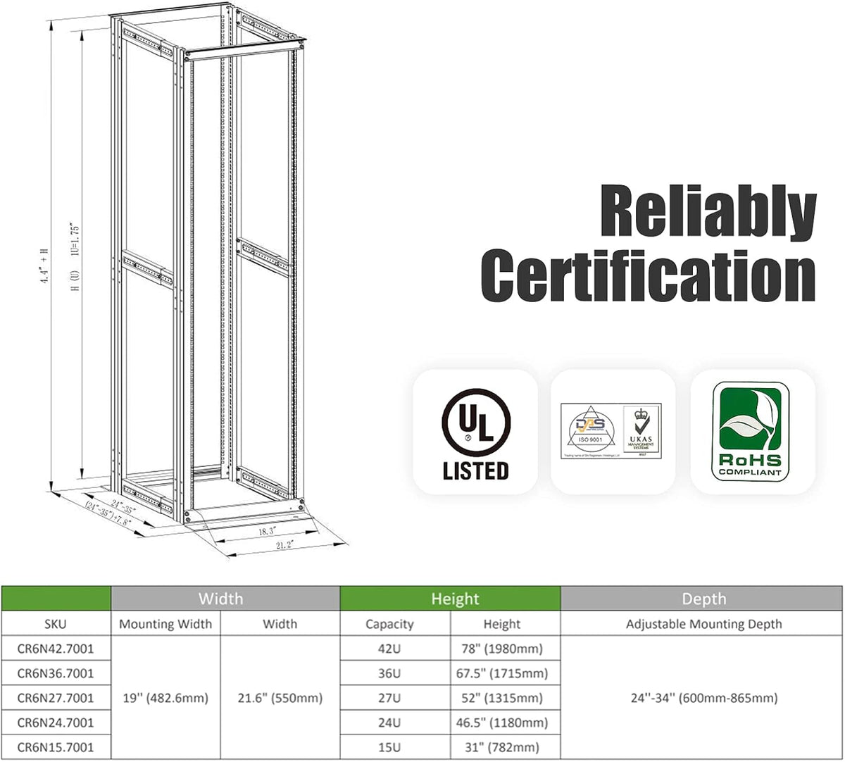 42U 4 Post Open Frame Server Rack 19inch Adjustable Depth L470