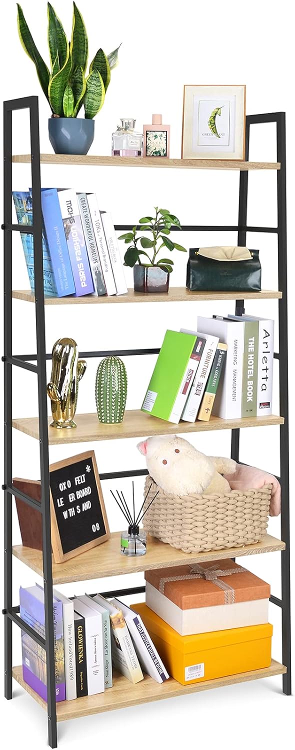 5-Tier Industrial Bookshelf with Metal Frame B4369