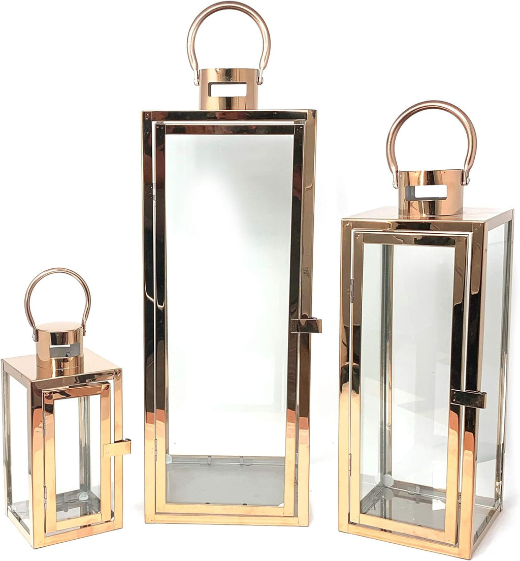 3-PC Set Jumbo Black Candle Lantern Set with Chrome Plated Structure and Tempered Glass J470960