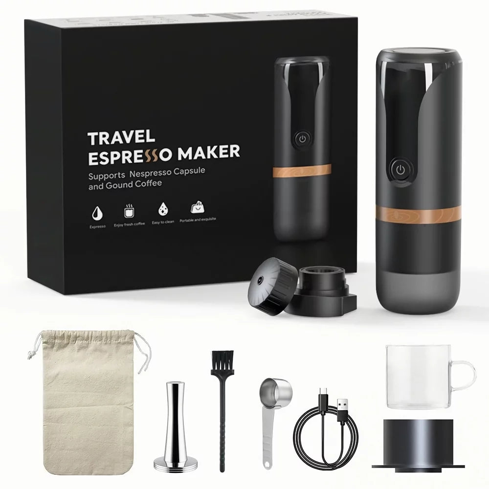 Portable Espresso Machine 9 Bar Pressure Rechargeable 2 in 1 Small Travel Coffee Maker Black G33947
