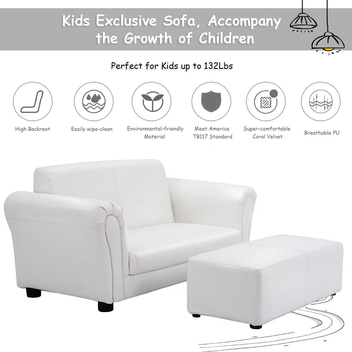 White Kids Sofa Armrest Chair with Ottoman J97455