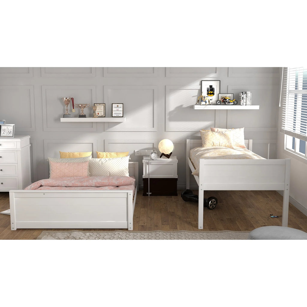 White Wood Twin over Full Bunk Bed with Mattresses F770