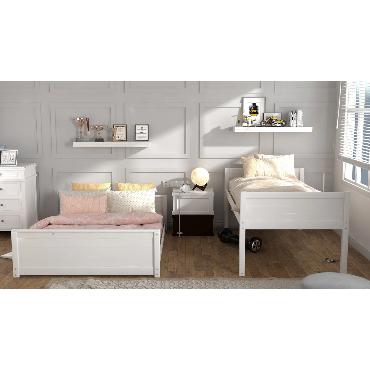 White Wood Twin over Full Bunk Bed with Mattresses F770