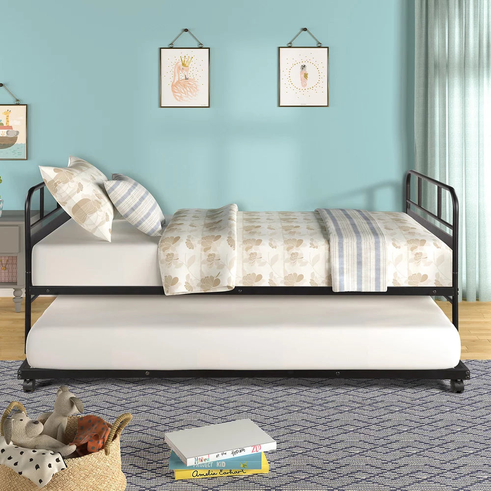 Twin Daybed with Trundle Metal Bed Frame Black T326
