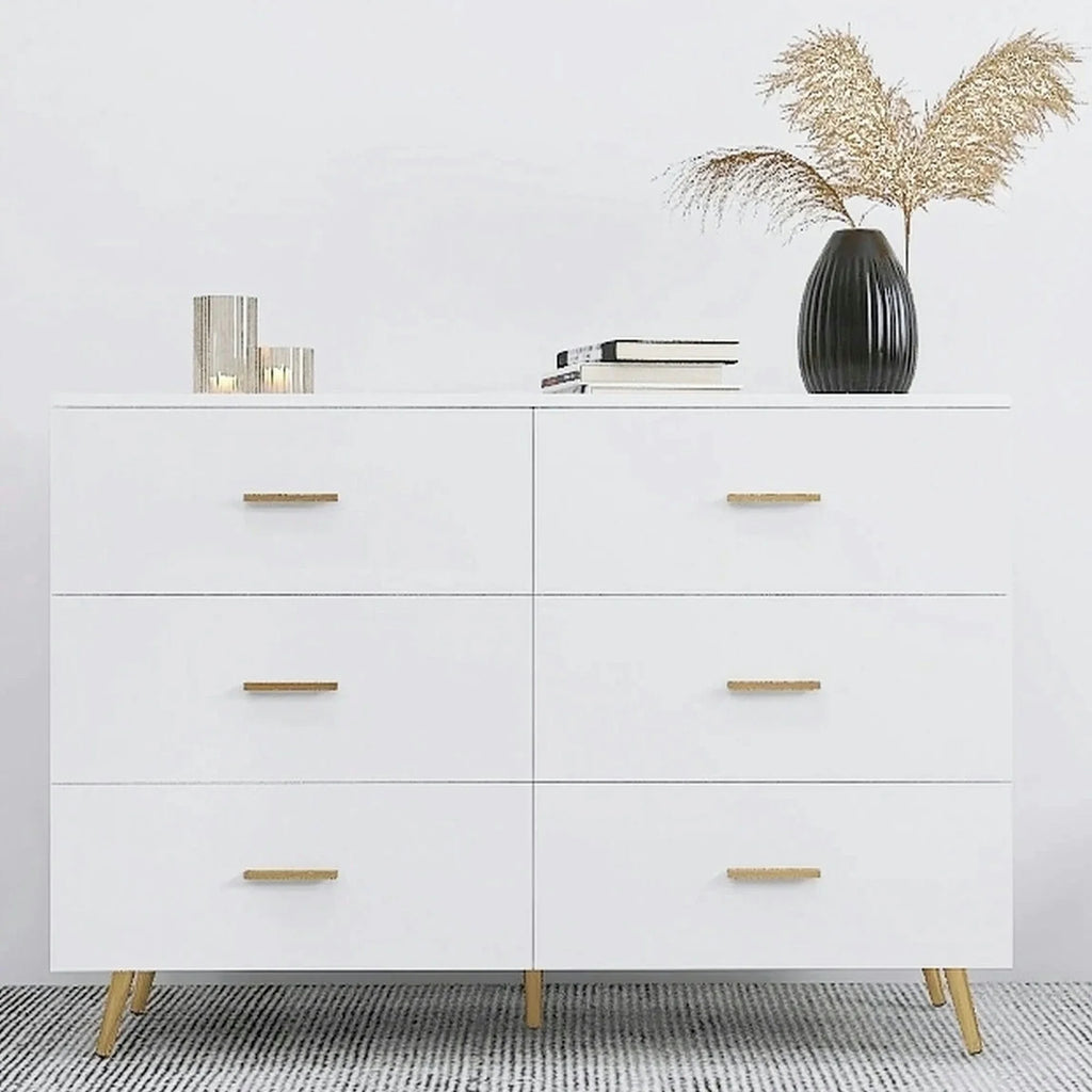 White 6 Drawer Dresser with Golden Handle F5227