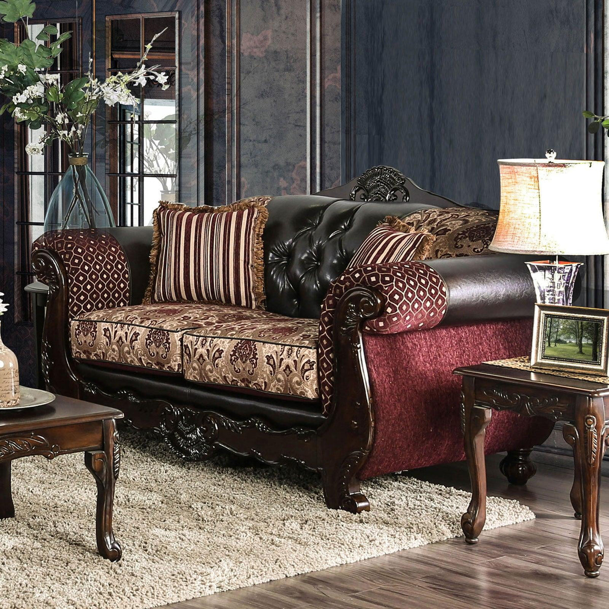 Burgundy Dark Brown Chenille Sofa and Loveseat Y81026