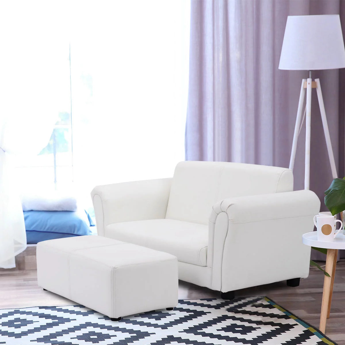 White Kids Sofa Armrest Chair with Ottoman J97455