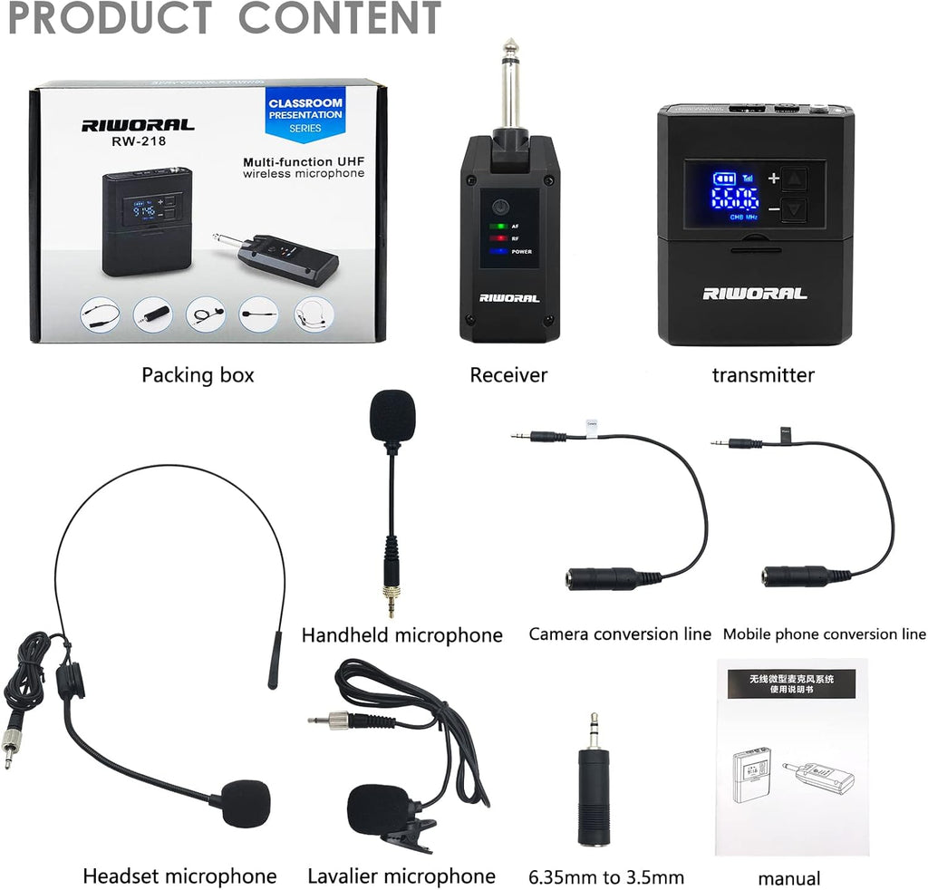 UHF Wireless Microphone System with Lavalier Mic, Headset Mic, Handheld Mic, Transmitter & Receiver, Pack of 2 Z34228
