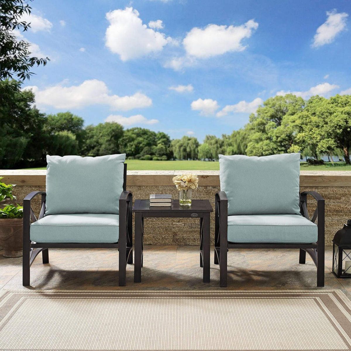 3Pc Outdoor Metal Armchair Set with Side Table M389