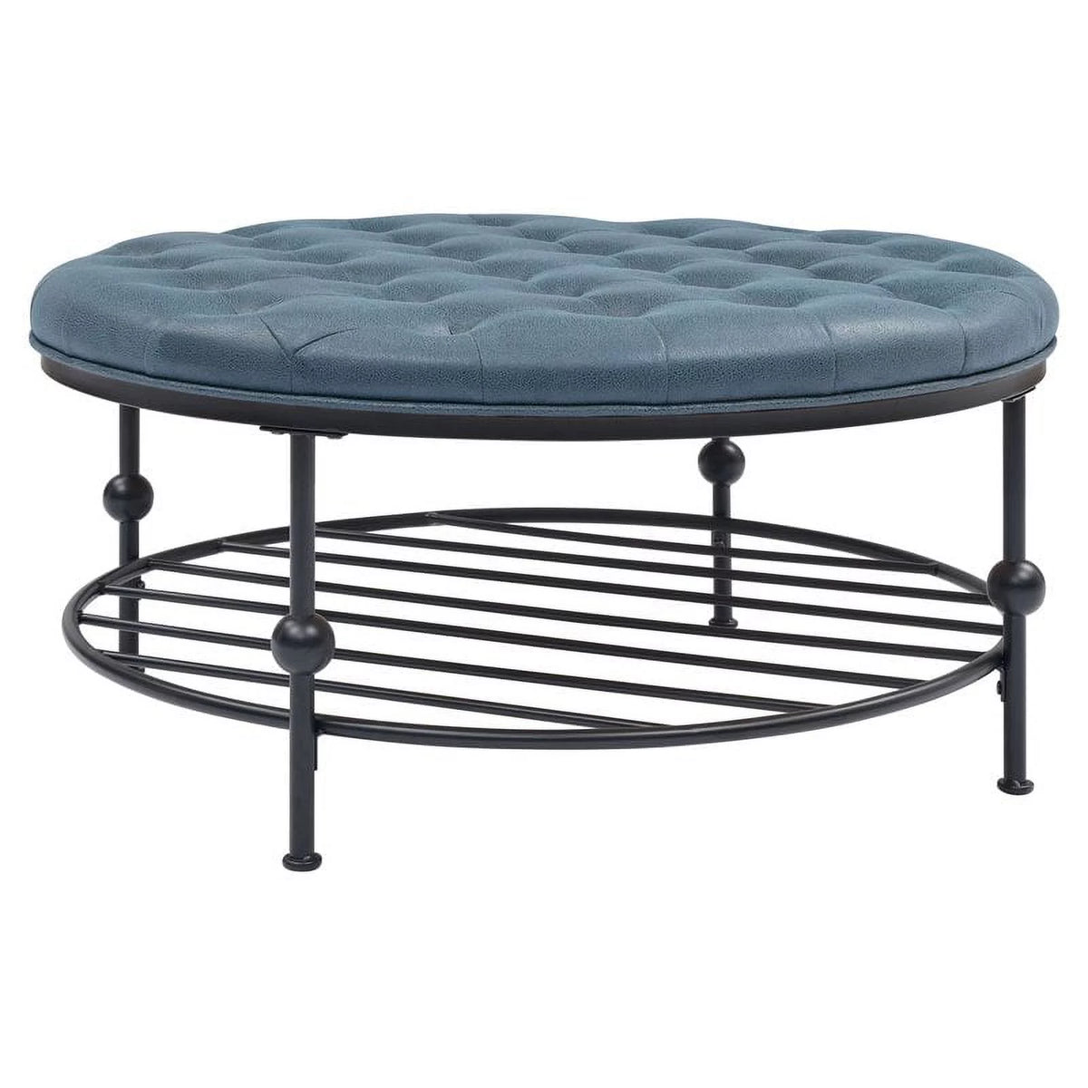 36" Round Faux Leather Tufted Cocktail Ottoman in Blue J6735