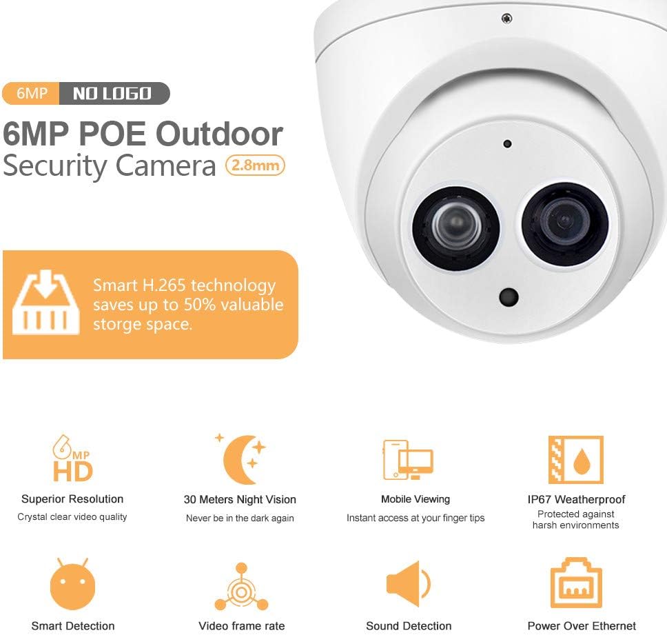 6MP Dome PoE IP Security Camera 2.8mm Lens IP67 Waterproof J783