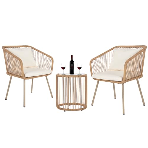 3-Piece Wicker Patio Bistro Set with 2 Chairs Coffee Table Cushions R6278