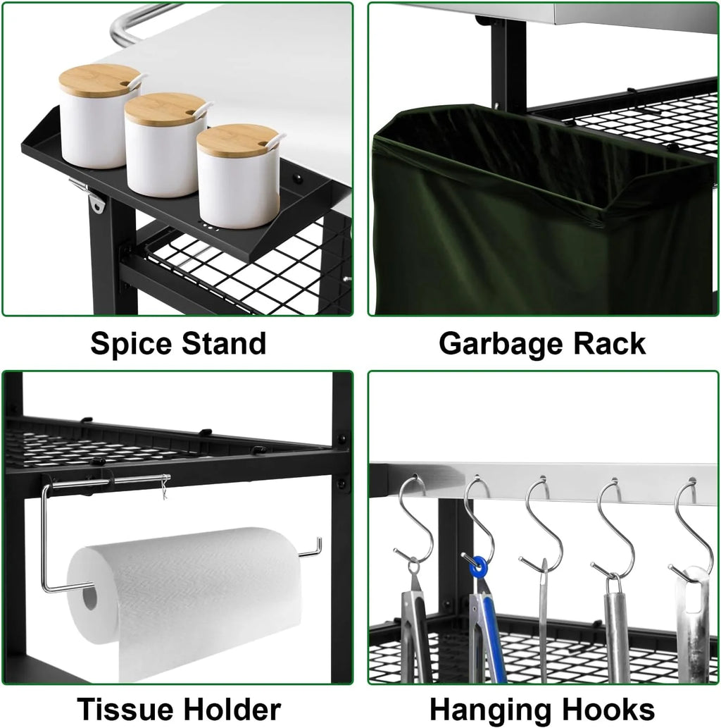 Three-Shelf Stainless Steel Grill Cart Table with Wheels D410