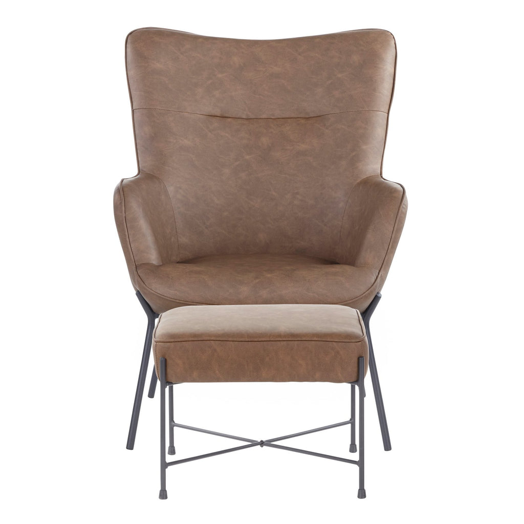 Industrial Lounge Chair and Ottoman Set in Black Metal and Espresso Faux Leather J557571