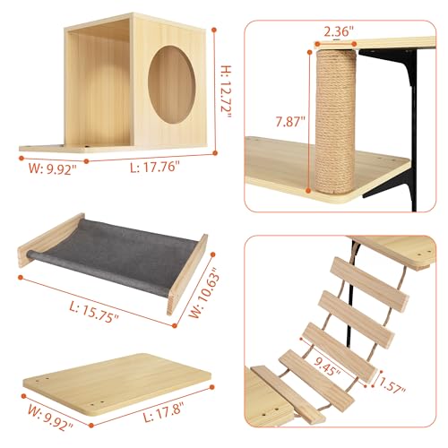 25-Piece Wall-Mounted Cat Climber Set with Cat Shelves, House, Platform, Bridge, Hammock & Scratching Board (Burlywood) C56439