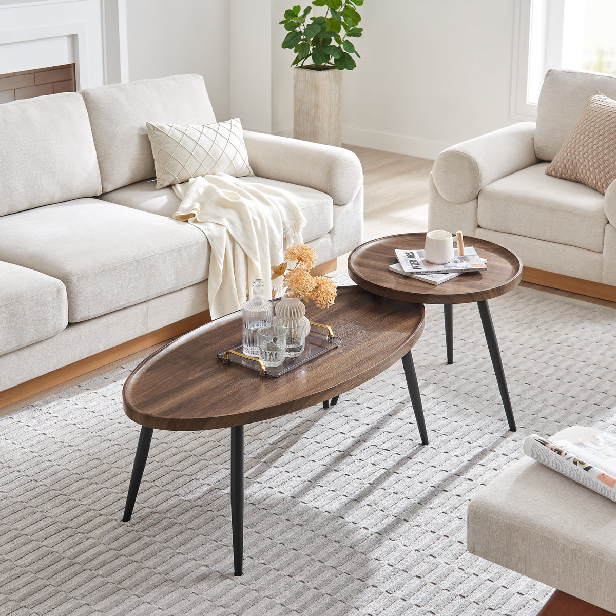2 Piece Walnut Coffee Table Set with Black Metal Legs G580828