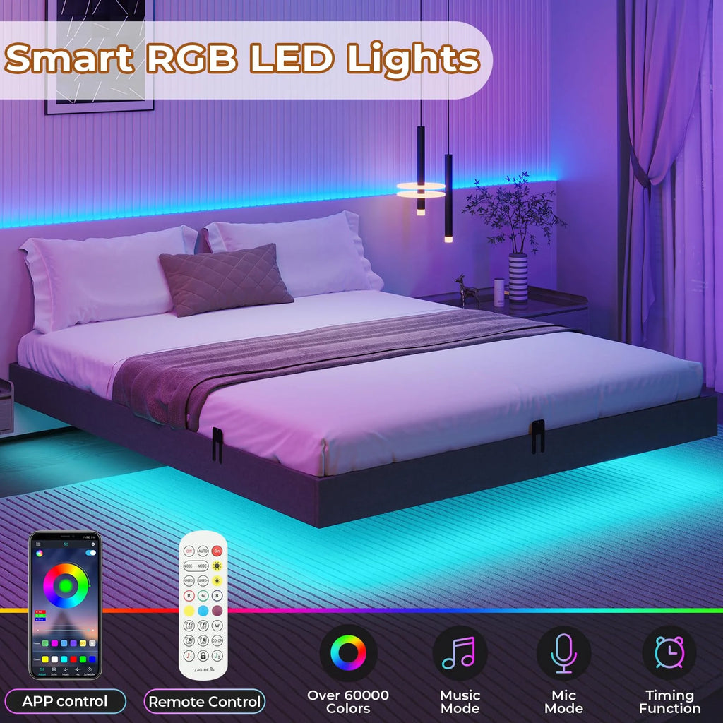 Queen Size Upholstered Platform Bed Frame with LED Lights and Underbed Storage E5241