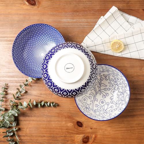 53 OZ Ceramic Salad Bowls Set of 3, Vintage Blue J1160