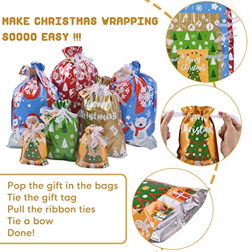 22pcs Drawstrings Christmas Gift Bags Assorted Sizes Reusable Plastic C692