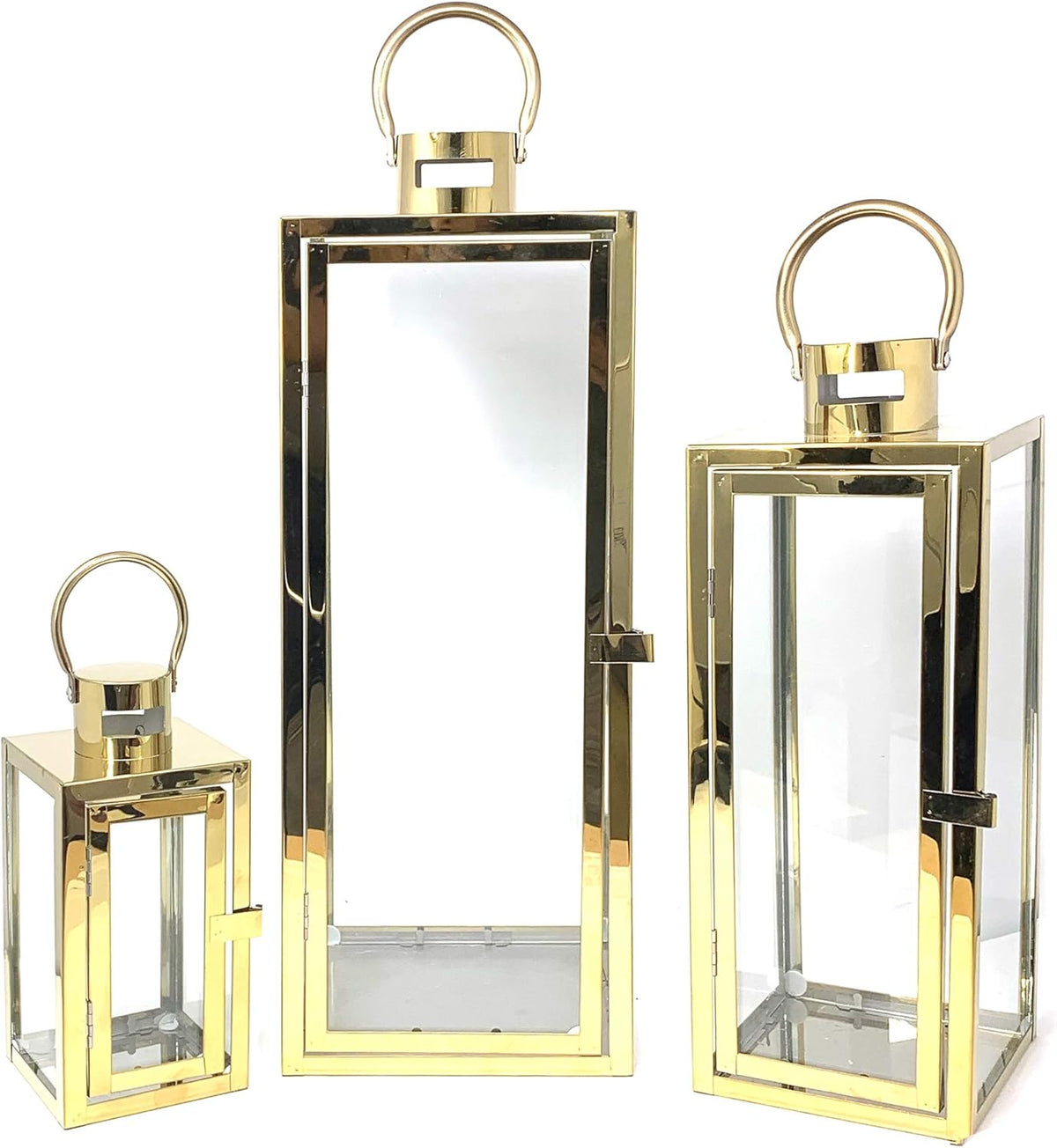 3-PC Set Jumbo Black Candle Lantern Set with Chrome Plated Structure and Tempered Glass J470960
