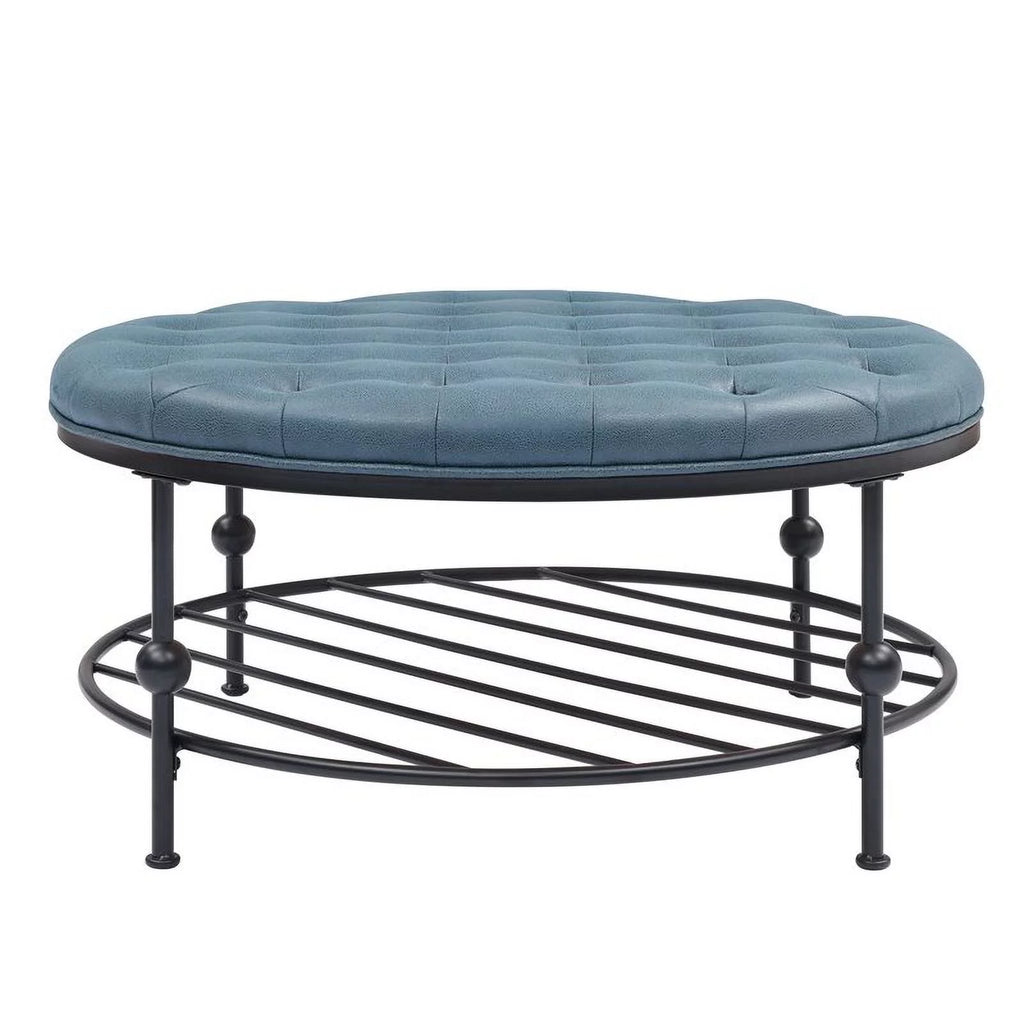 36" Round Faux Leather Tufted Cocktail Ottoman in Blue J6735