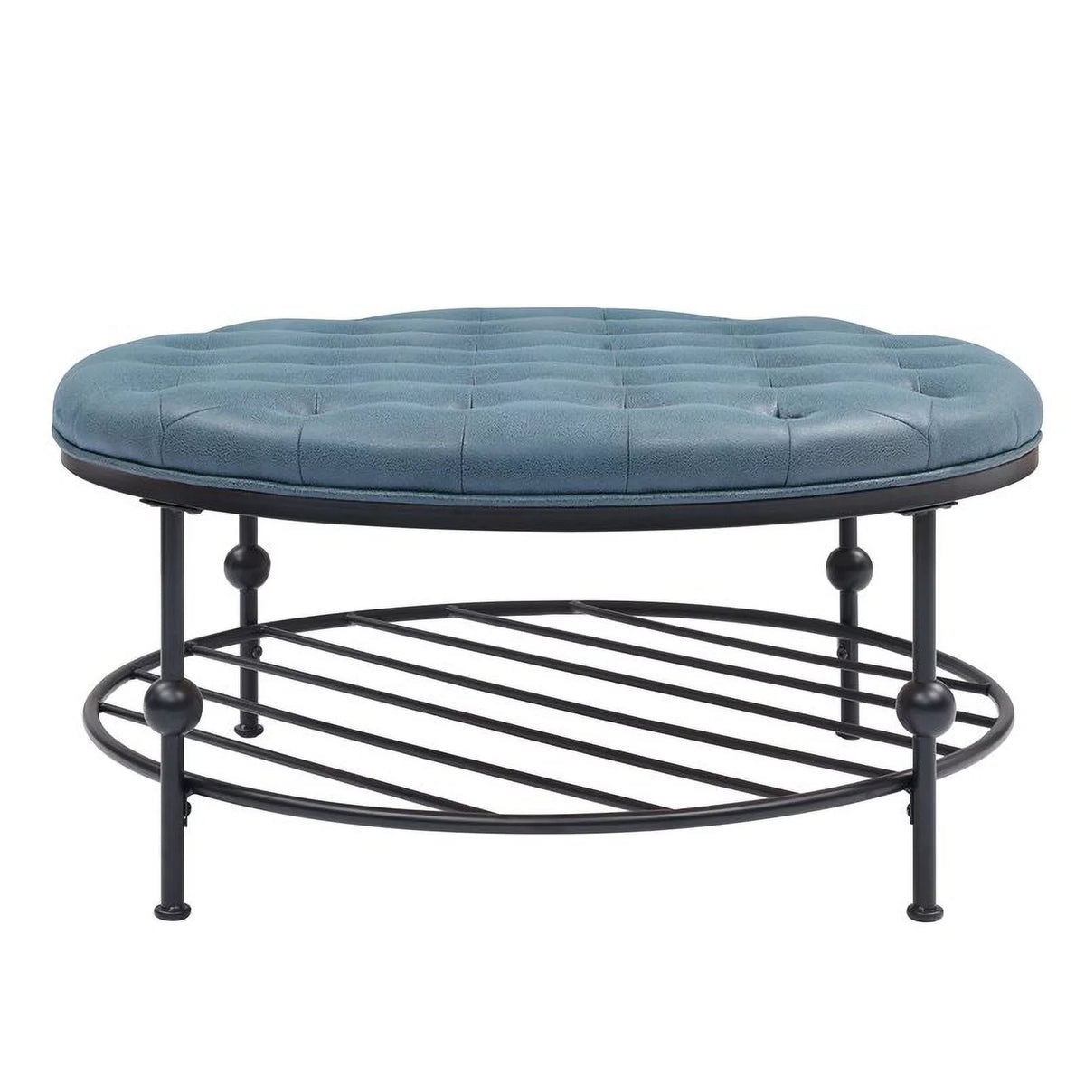 36" Round Faux Leather Tufted Cocktail Ottoman in Blue J6735