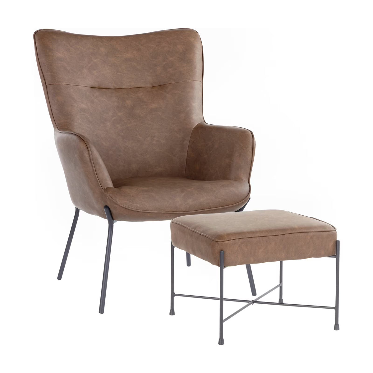Industrial Lounge Chair and Ottoman Set in Black Metal and Espresso Faux Leather J557571