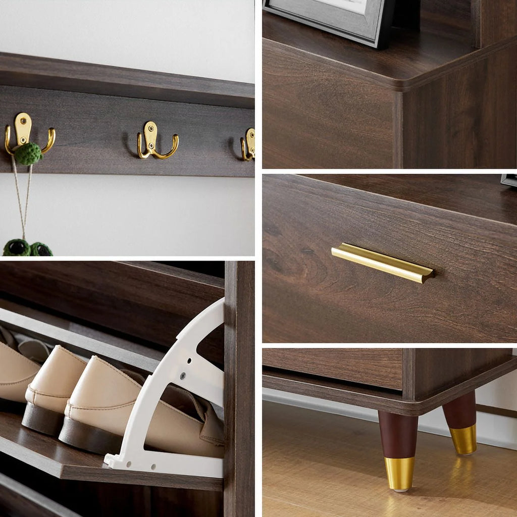 Brown Hall Tree with 12 Hooks & 3 Shoe Cabinets B6919
