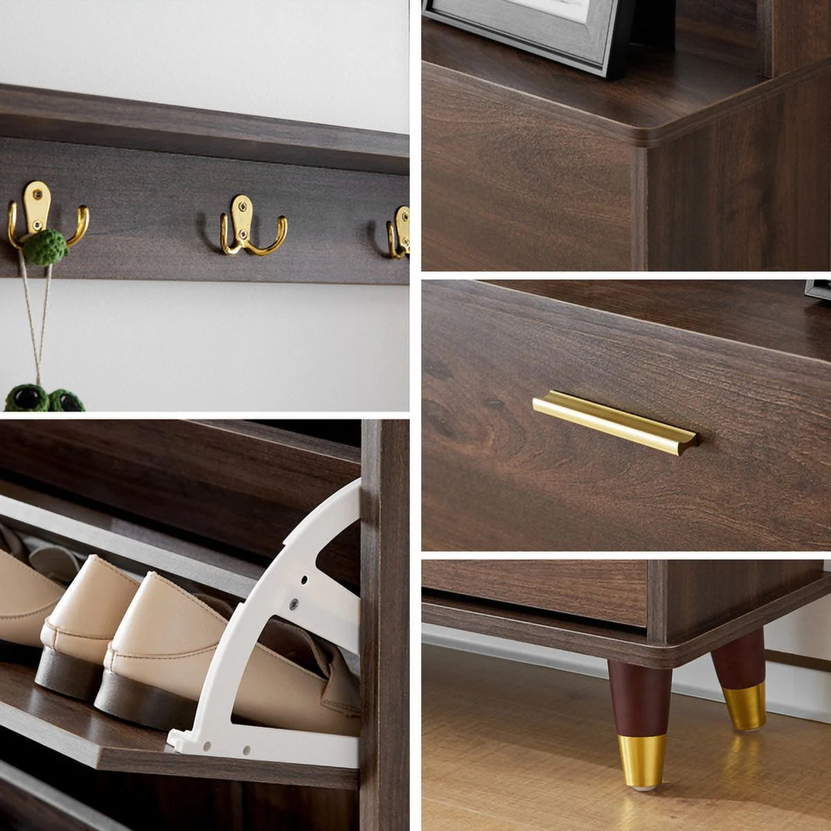 Brown Hall Tree with 12 Hooks & 3 Shoe Cabinets B6919