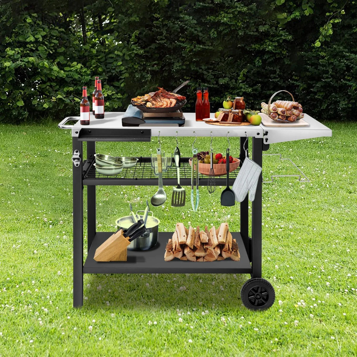Three-Shelf Stainless Steel Grill Cart Table with Wheels D410