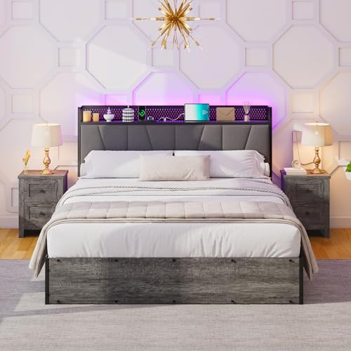 Black Linen Upholstered Full Size Lift Up Storage Bed Frame with LED Lights and Charging Station C675