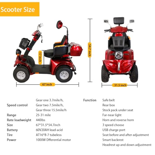 Heavy Duty 4 Wheels All Terrain Electric Mobility Scooter, 1000W Motor, Fat Tire, 500lbs Capacity, 31-36 Miles Range C544694