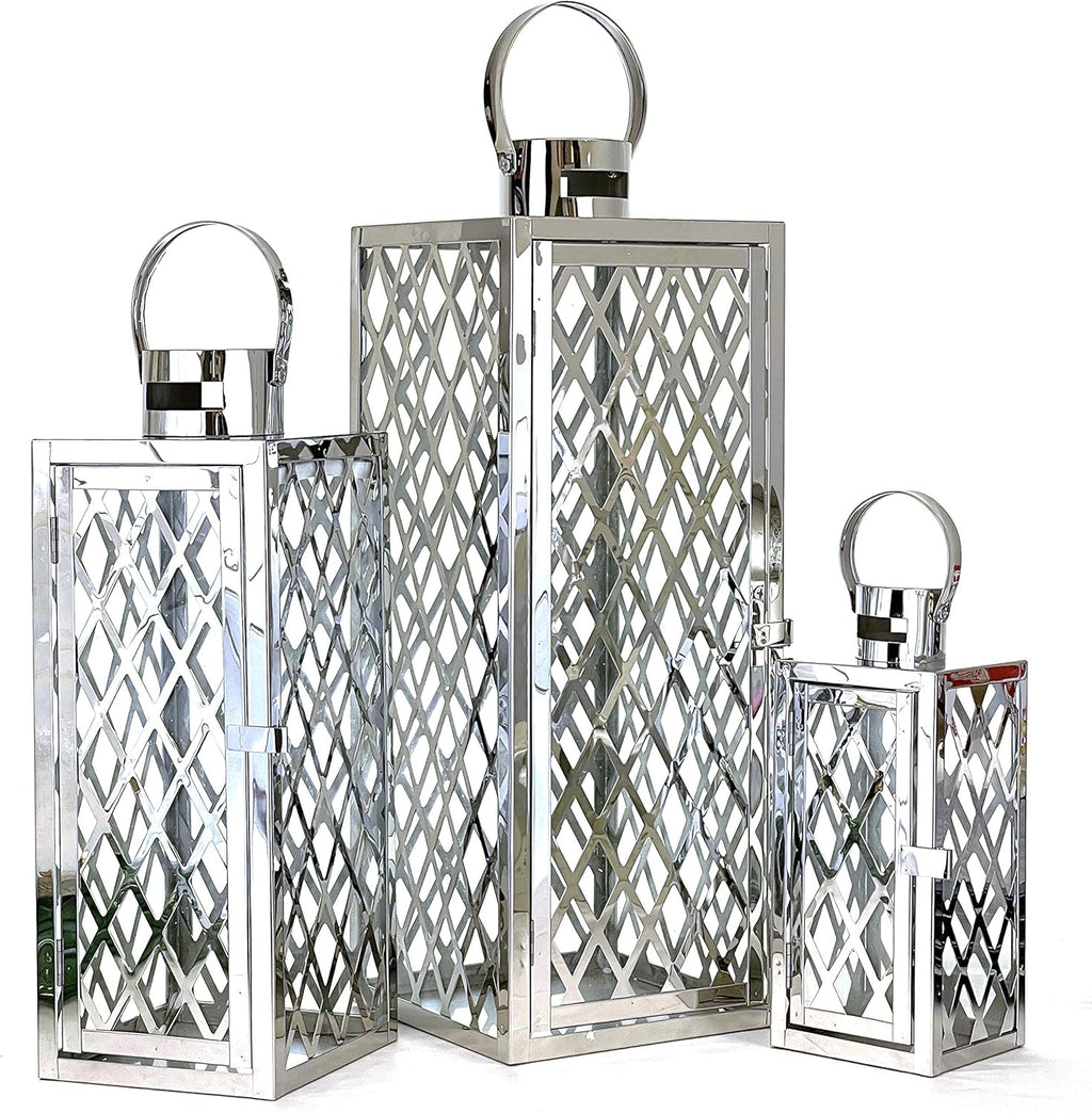 3-PC Set Jumbo Black Candle Lantern Set with Chrome Plated Structure and Tempered Glass J470960