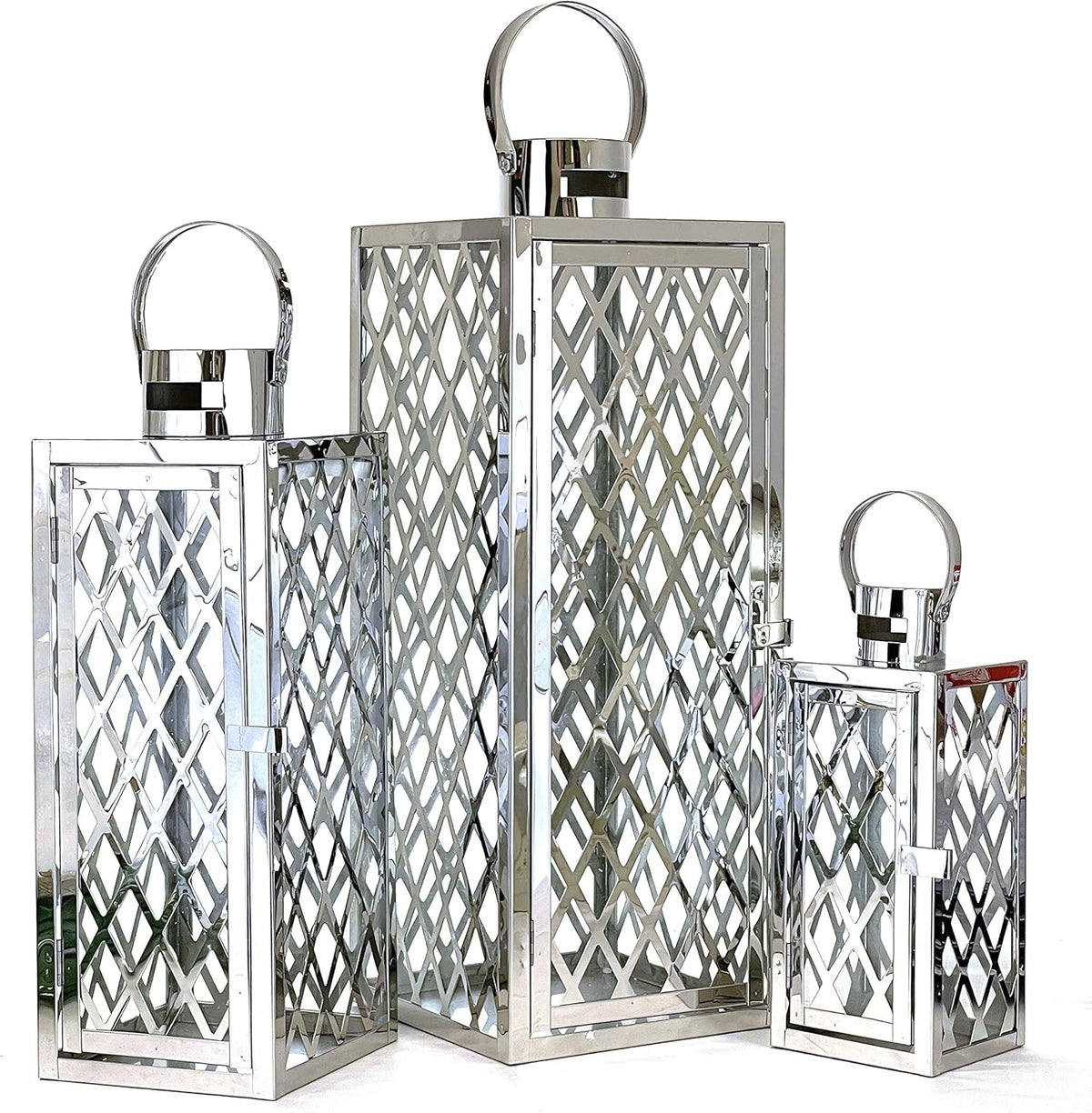 3-PC Set Jumbo Black Candle Lantern Set with Chrome Plated Structure and Tempered Glass J470960