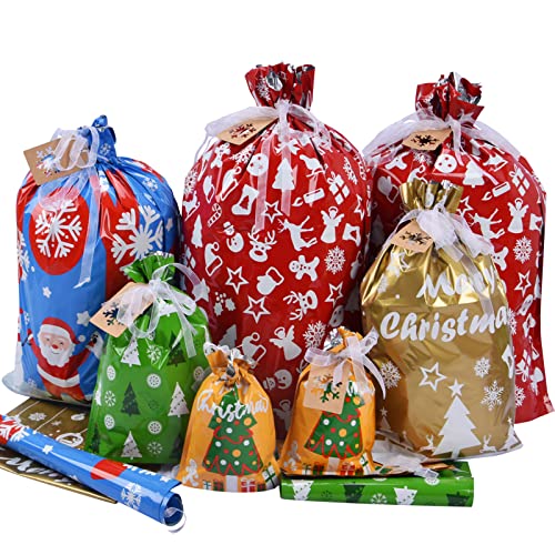 22pcs Drawstrings Christmas Gift Bags Assorted Sizes Reusable Plastic C692