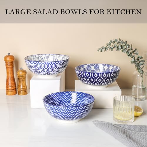 53 OZ Ceramic Salad Bowls Set of 3, Vintage Blue J1160