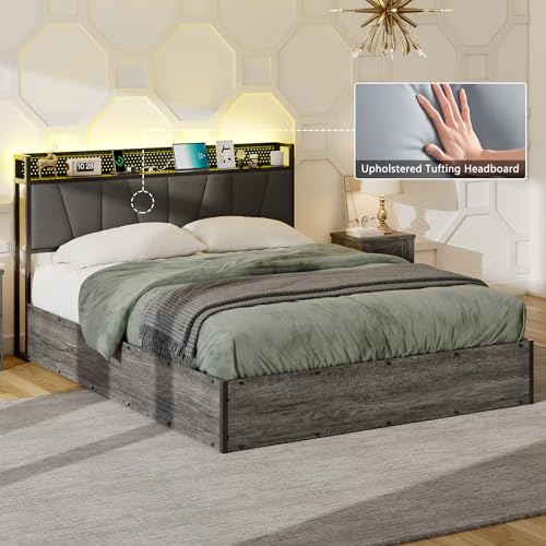 Black Linen Upholstered Full Size Lift Up Storage Bed Frame with LED Lights and Charging Station C675