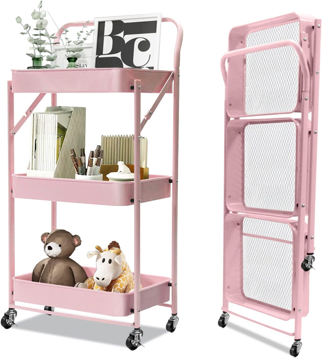 3-Tier Collapsible Rolling Utility Cart with Lockable Casters E999147