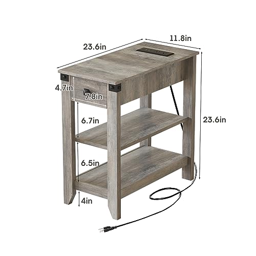 Set of 2 Narrow Side Table with Charging Station and Storage Drawer Rustic Grey Y879
