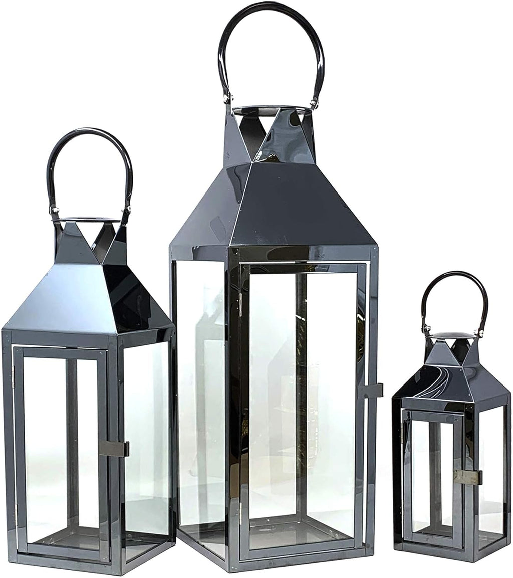 3-PC Set Jumbo Black Candle Lantern Set with Chrome Plated Structure and Tempered Glass J470960