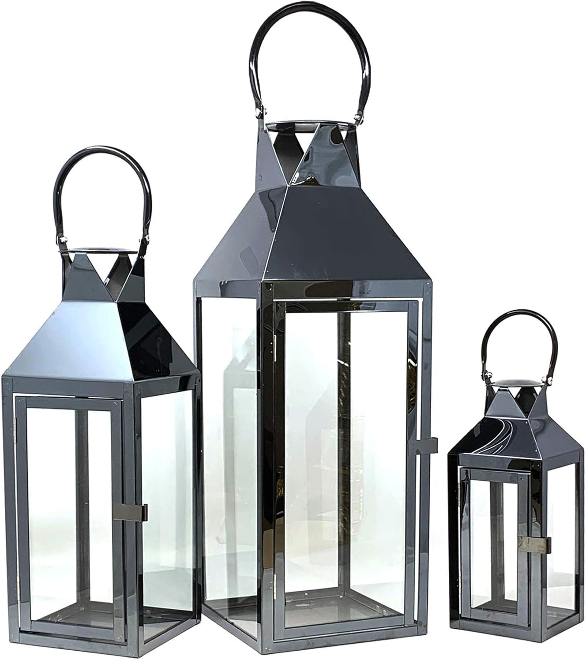 3-PC Set Jumbo Black Candle Lantern Set with Chrome Plated Structure and Tempered Glass J470960