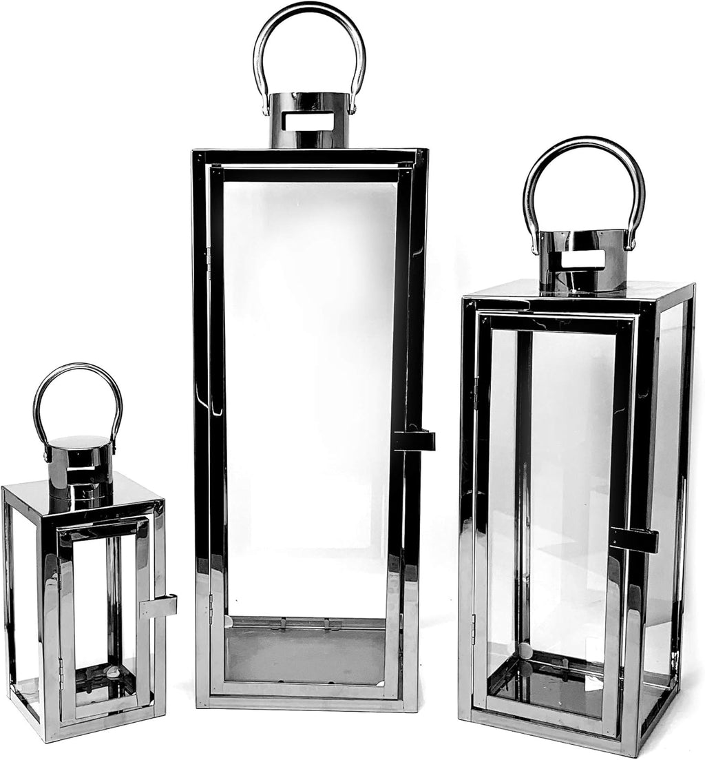 3-PC Set Jumbo Black Candle Lantern Set with Chrome Plated Structure and Tempered Glass J470960