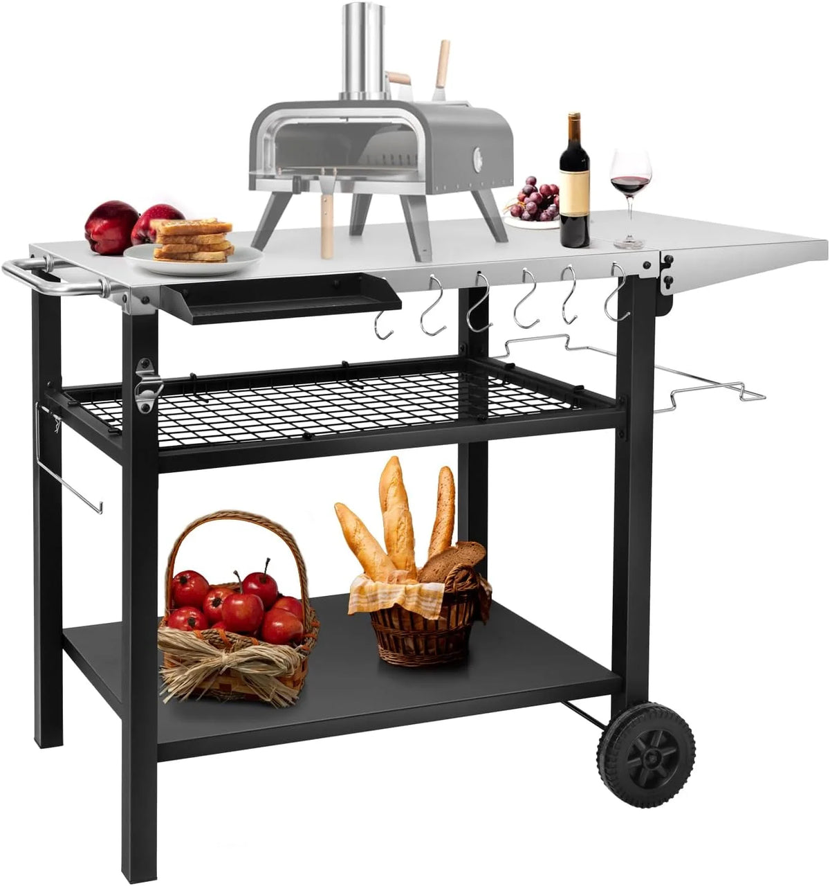 Three-Shelf Stainless Steel Grill Cart Table with Wheels D410